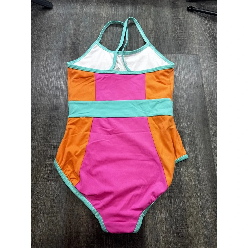Hanna Andersson Girls One Piece Swimsuit Size 10 140cm Colorblock Pink Orange